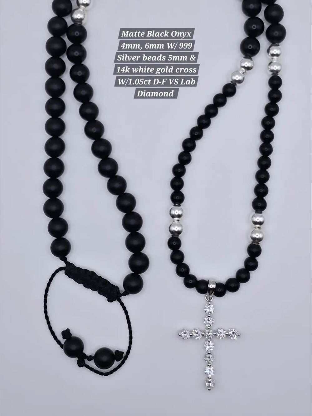 Matte Onxy Beads, 999.9 Silver Beads, 14k White Gold Cross, 1.05ct Kab Diamonds